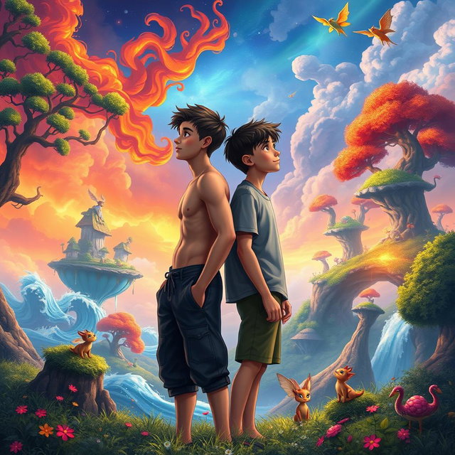 Two teenage boys standing side by side looking into the distance