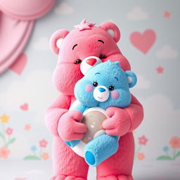 A full-body image of a pink Care Bear gently holding a blue Care Bear, ensuring all limbs are clearly visible