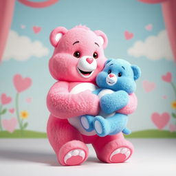 A full-body image of a pink Care Bear gently holding a blue Care Bear, ensuring all limbs are clearly visible