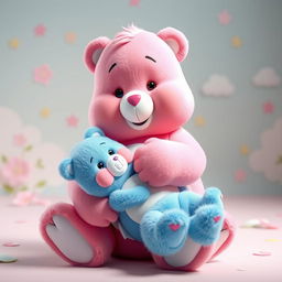 A full-body image of a pink Care Bear gently holding a blue Care Bear, ensuring all limbs are clearly visible