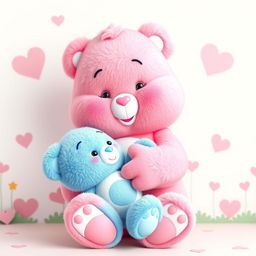 A full-body image of a pink Care Bear gently holding a blue Care Bear, ensuring all limbs are clearly visible