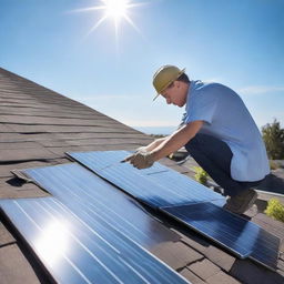 A person skillfully installing a solar panel on a sunny day with a clear blue sky, rooftops, and tools around.