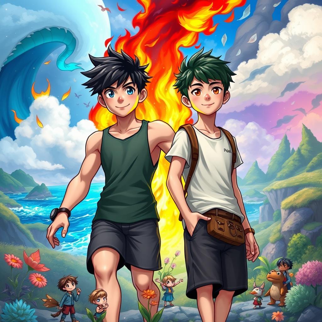 Two teenage boys in a mystical, colorful, and animated fantasy world