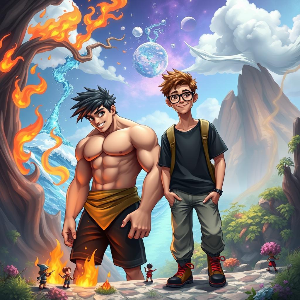 Two teenage boys in a mystical, colorful, and animated fantasy world