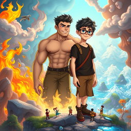 Two teenage boys in a mystical, colorful, and animated fantasy world
