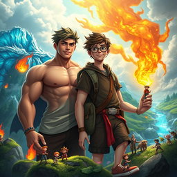 Two teenage boys in a mystical, colorful, and animated fantasy world