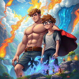 Two teenage boys in a mystical, colorful, and animated fantasy world