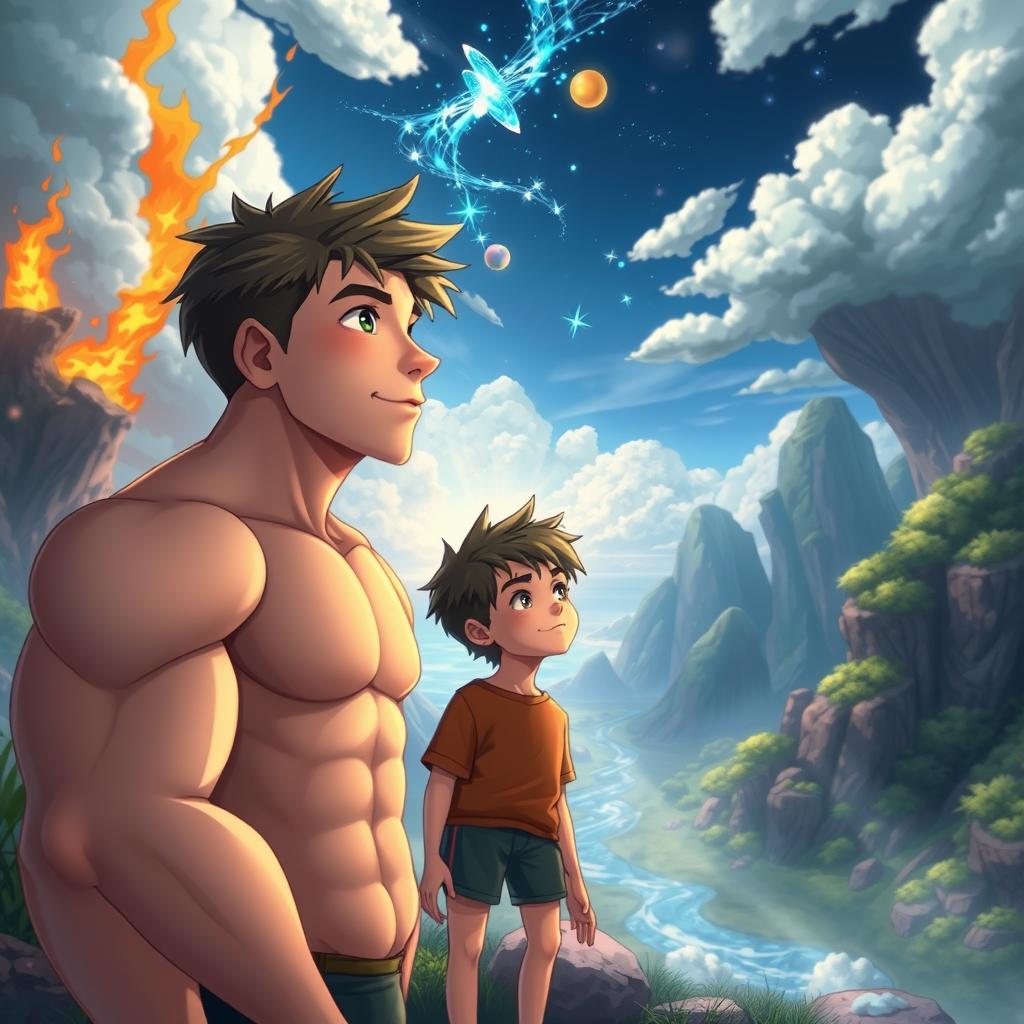 Two teenage boys looking into the distance in a mystical, colorful, and animated fantasy world