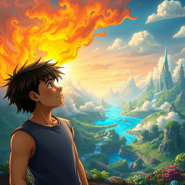 Two teenage boys looking into the distance in a mystical, colorful, and animated fantasy world