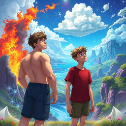 Two teenage boys looking into the distance in a mystical, colorful, and animated fantasy world