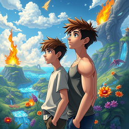 Two teenage boys looking into the distance in a mystical, colorful, and animated fantasy world