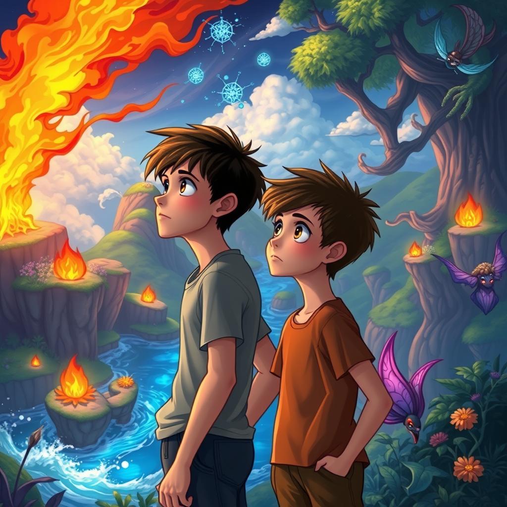 Two teenage boys looking into the distance in a mystical, colorful, and animated fantasy world