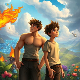 Two teenage boys looking into the distance in a mystical, colorful, and animated fantasy world