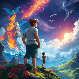 A long book cover featuring two teenage boys looking into the distance in a mystical, colorful, and animated fantasy world