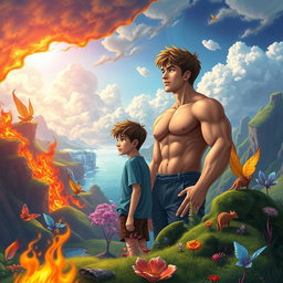 A long book cover featuring two teenage boys looking into the distance in a mystical, colorful, and animated fantasy world