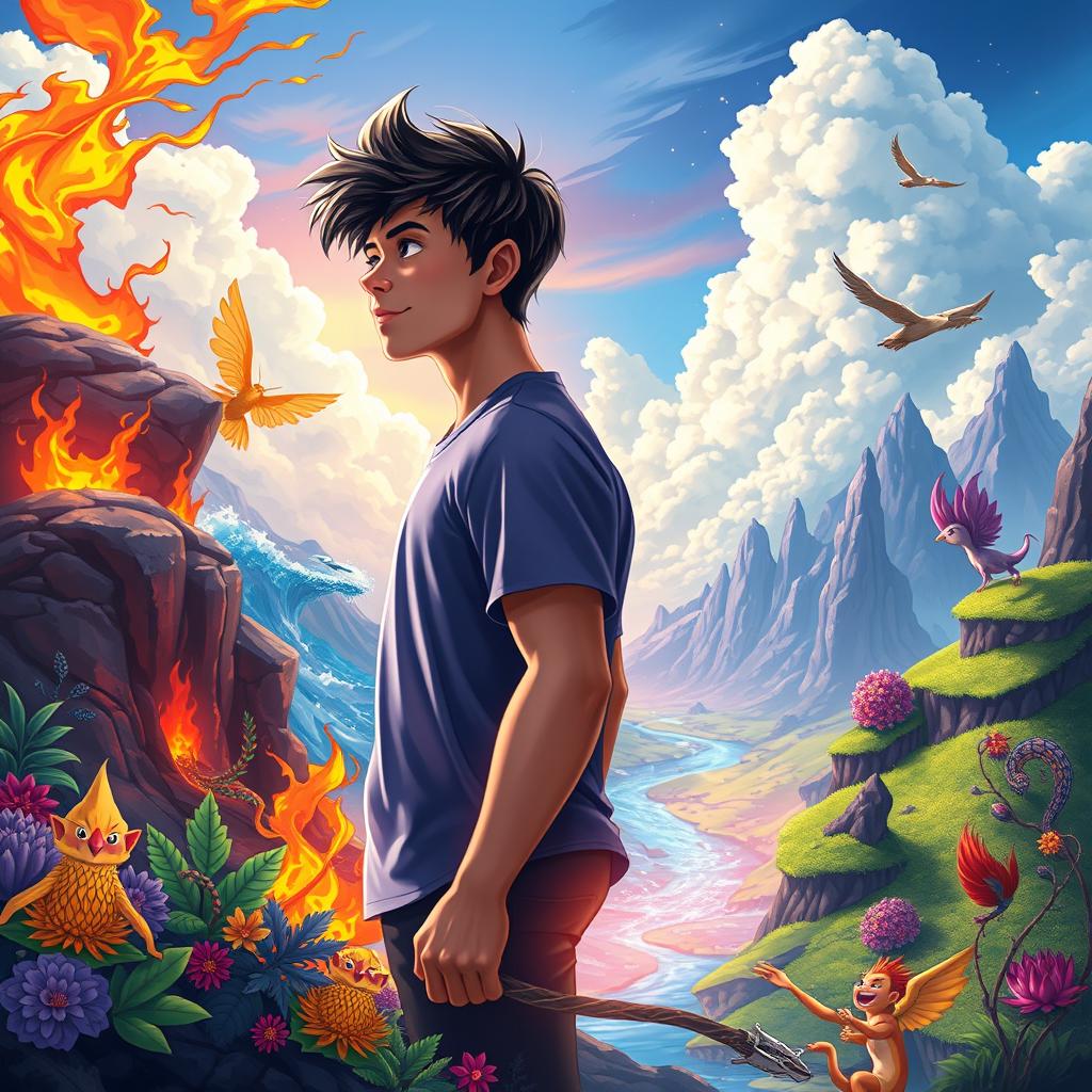 A long book cover featuring two teenage boys looking into the distance in a mystical, colorful, and animated fantasy world