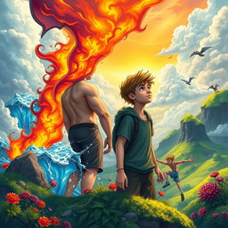 A long book cover featuring two teenage boys looking into the distance in a mystical, colorful, and animated fantasy world