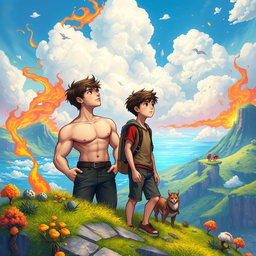 A long book cover featuring two teenage boys looking into the distance in a mystical, colorful, and animated fantasy world