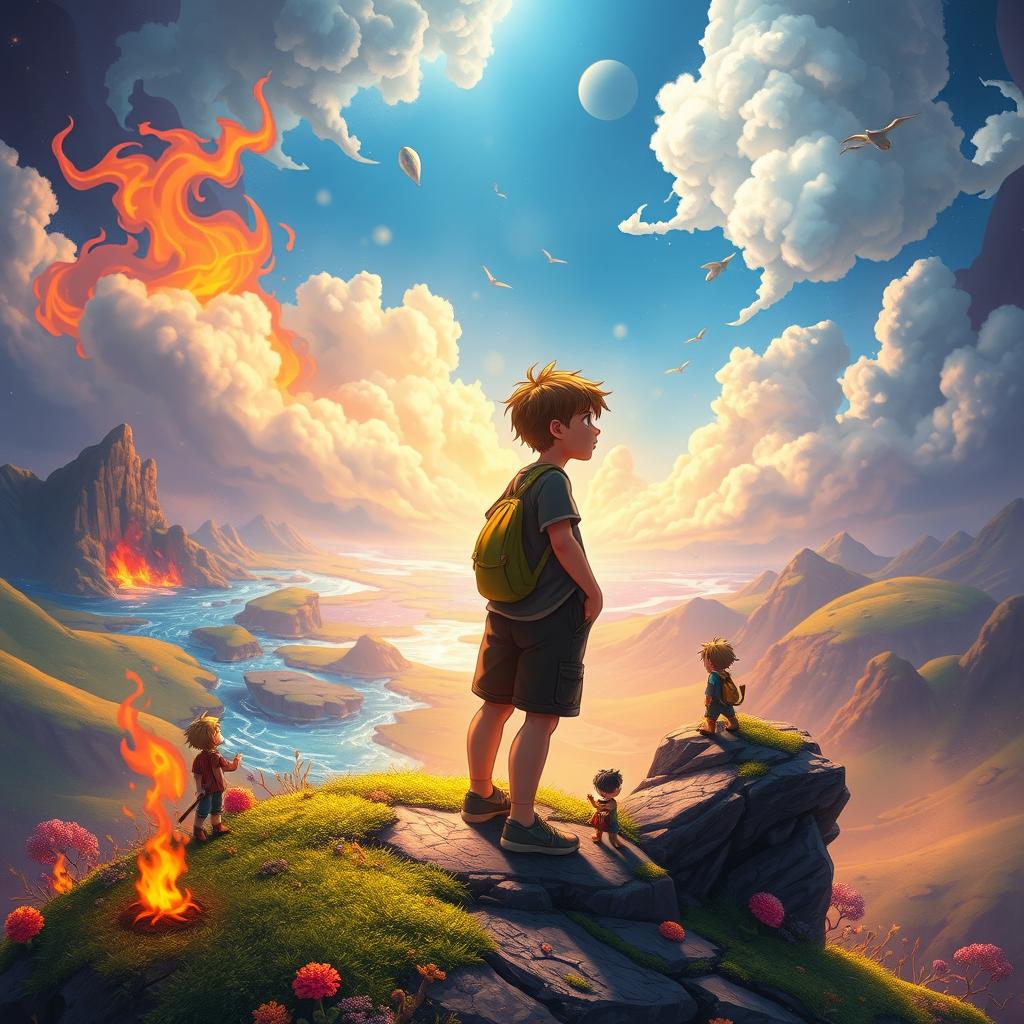 A long book cover featuring two teenage boys looking into the distance in a mystical, colorful, and animated fantasy world