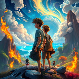 A long book cover featuring two teenage boys looking into the distance in a mystical, colorful, and animated fantasy world
