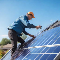 A person skillfully installing a solar panel on a sunny day with a clear blue sky, rooftops, and tools around.