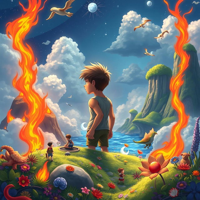A long book cover featuring two teenage boys gazing into the distance in a mystical, colorful, and animated fantasy world