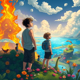 A long book cover featuring two teenage boys gazing into the distance in a mystical, colorful, and animated fantasy world