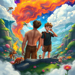 A long book cover featuring two teenage boys gazing into the distance in a mystical, colorful, and animated fantasy world