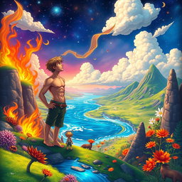 A long book cover featuring two teenage boys gazing into the distance in a mystical, colorful, and animated fantasy world