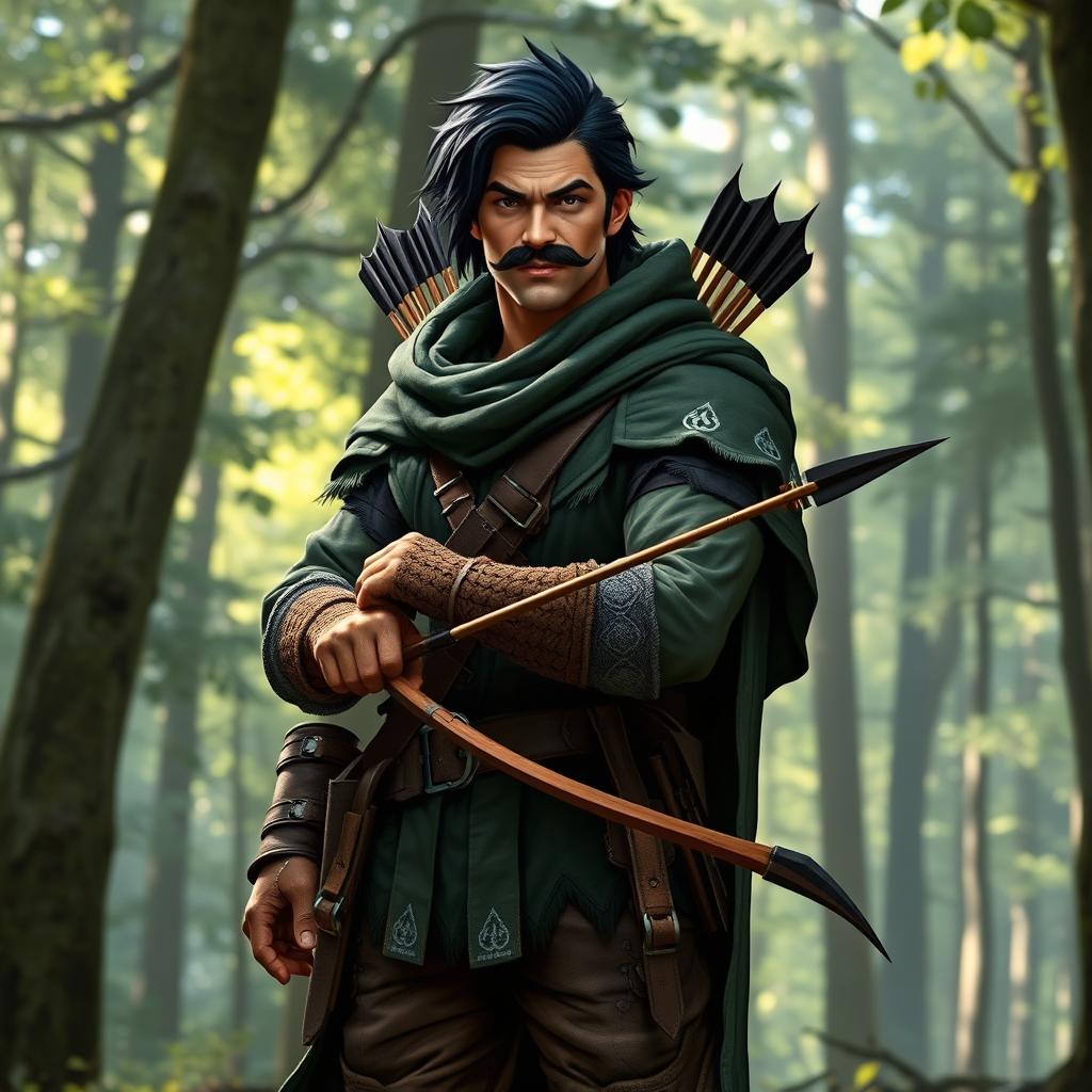A male human ranger with striking black hair and a distinctive horseshoe mustache