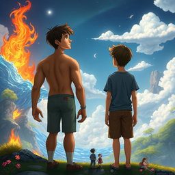 Two teenage boys standing side by side, gazing into the distance in a mystical, colorful, and animated fantasy world