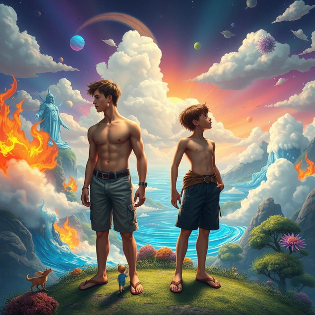 Two teenage boys standing side by side, gazing into the distance in a mystical, colorful, and animated fantasy world