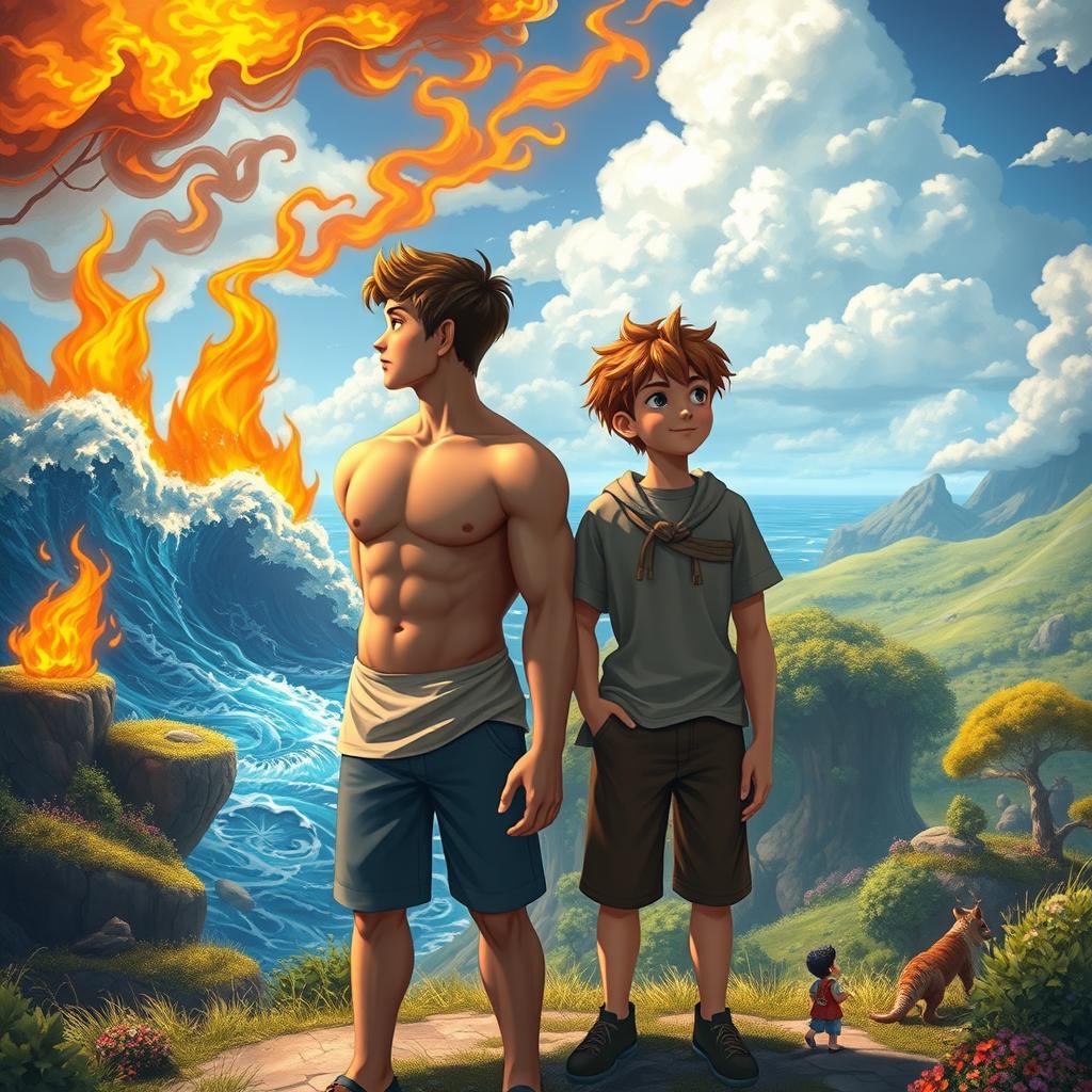 Two teenage boys standing side by side, gazing into the distance in a mystical, colorful, and animated fantasy world