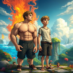 Two teenage boys standing side by side, gazing into the distance in a mystical, colorful, and animated fantasy world