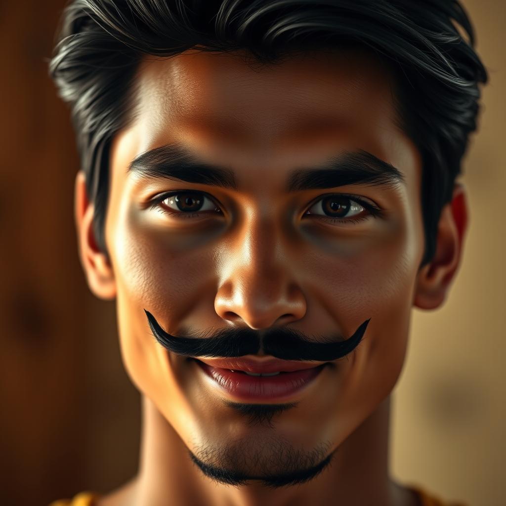 A portrait of a male human with striking features, showcasing black hair styled in a horseshoe mustache