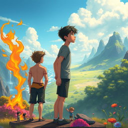 Two teenage boys standing side by side, gazing into the distance in a mystical, colorful, and animated fantasy world