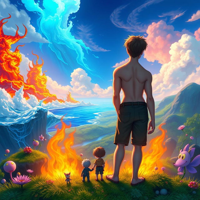 Two teenage boys standing side by side, gazing into the distance in a mystical, colorful, and animated fantasy world