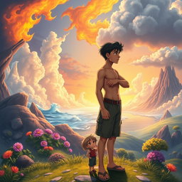 Two teenage boys standing side by side, gazing into the distance in a mystical, colorful, and animated fantasy world