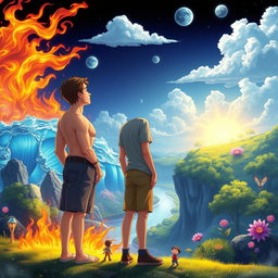 Two teenage boys standing side by side, gazing into the distance in a mystical, colorful, and animated fantasy world