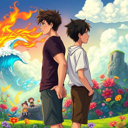 Two teenage boys standing back-to-back, gazing into the distance in a mystical, colorful, and animated fantasy world