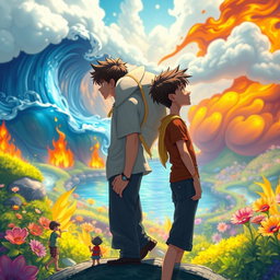 Two teenage boys standing back-to-back, gazing into the distance in a mystical, colorful, and animated fantasy world