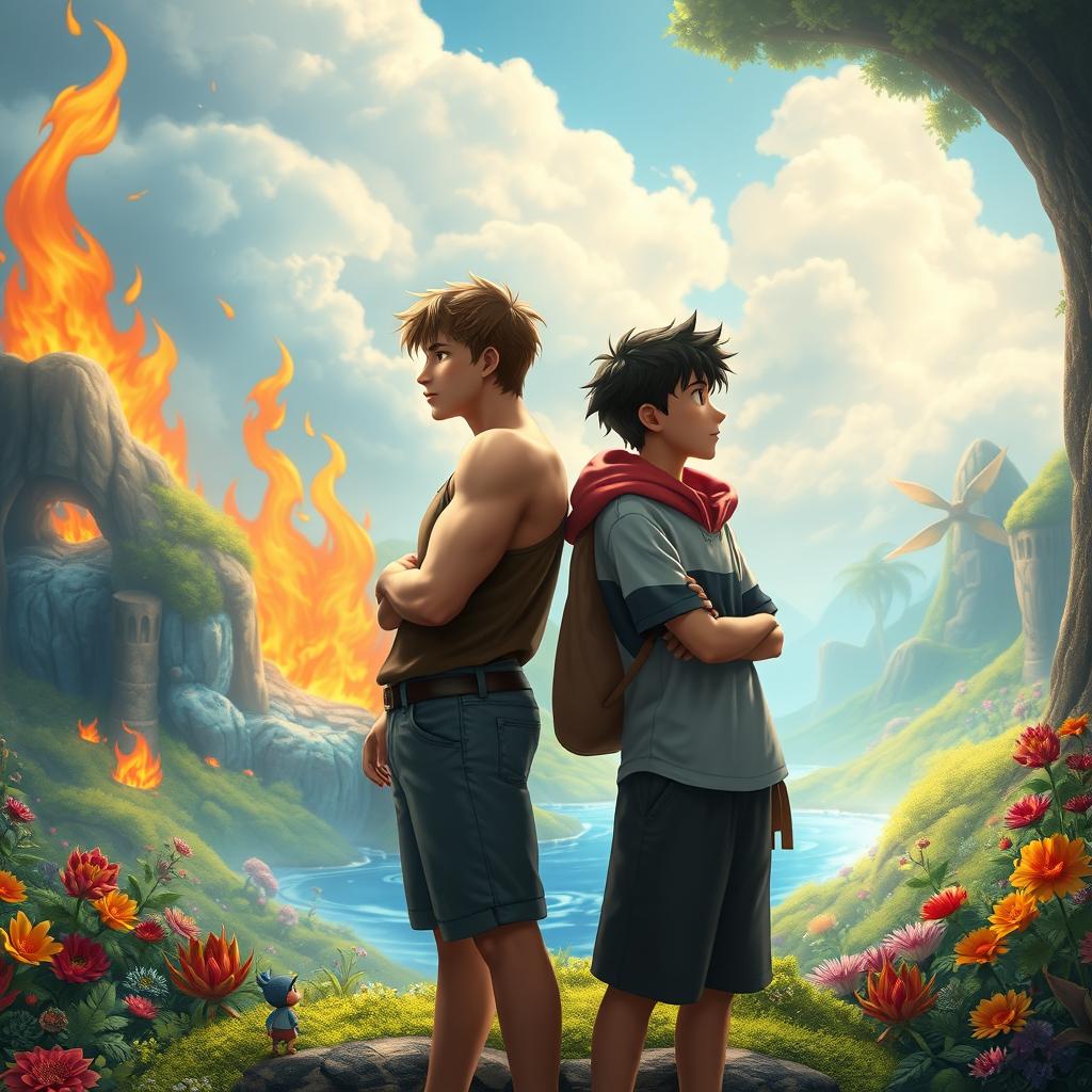 Two teenage boys standing back-to-back, gazing into the distance in a mystical, colorful, and animated fantasy world