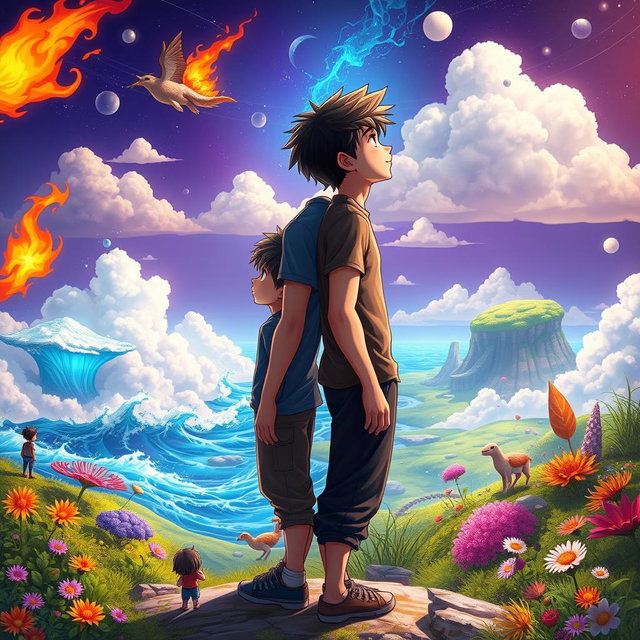 Two teenage boys standing back-to-back, gazing into the distance in a mystical, colorful, and animated fantasy world