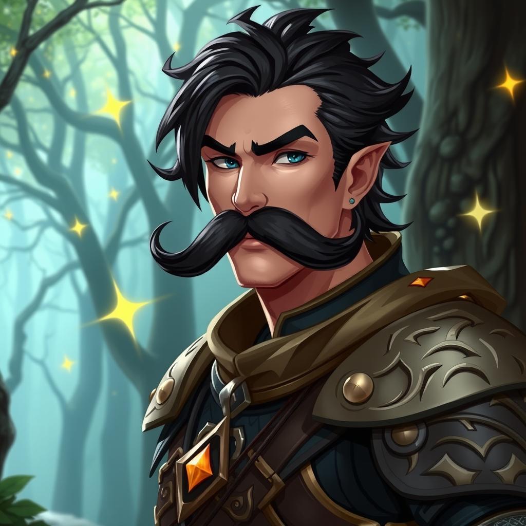 A male character inspired by Dungeons and Dragons, featuring striking black hair and a prominent big mustache