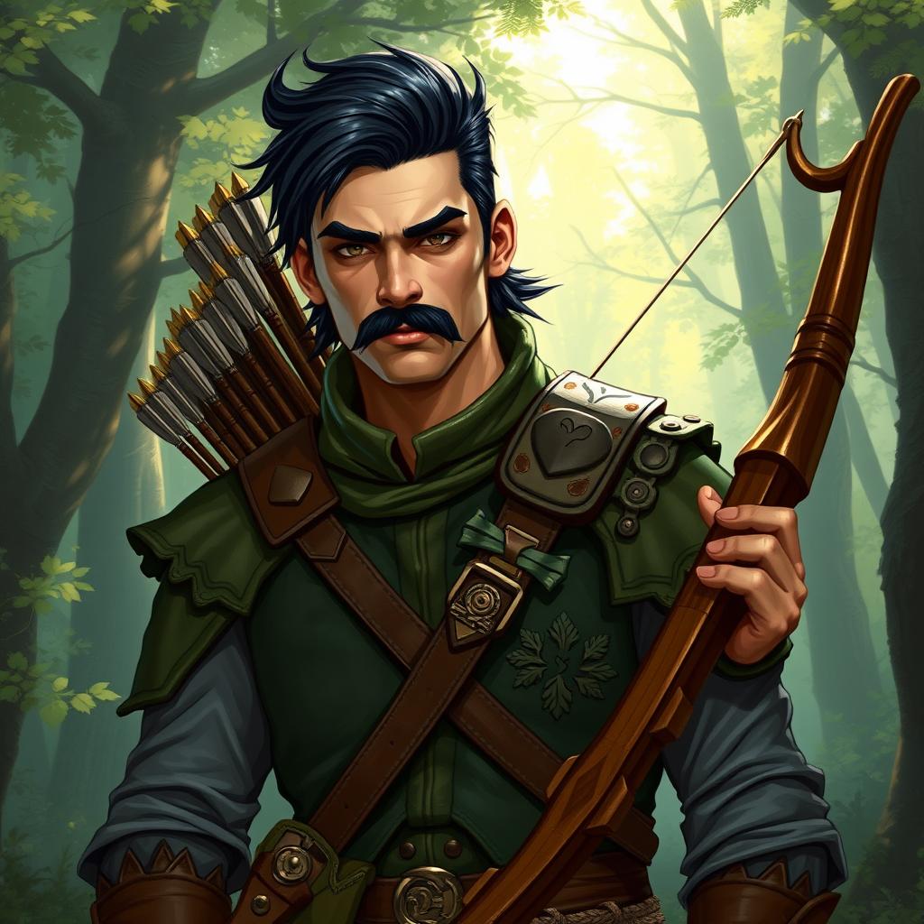 A male D&D ranger character with striking black hair styled in a rugged fashion and a prominent, bushy mustache