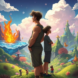 Two teenage boys standing back-to-back, gazing into the distance in a mystical, colorful, and animated fantasy world
