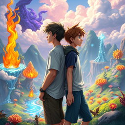 Two teenage boys standing back-to-back, gazing into the distance in a mystical, colorful, and animated fantasy world
