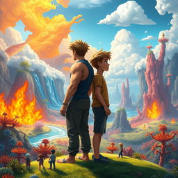 Two teenage boys standing back-to-back, gazing into the distance in a mystical, colorful, and animated fantasy world