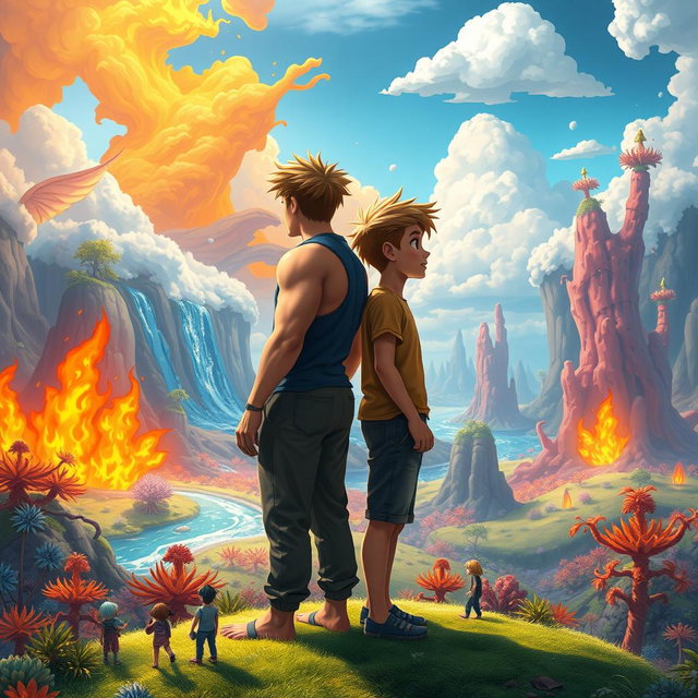 Two teenage boys standing back-to-back, gazing into the distance in a mystical, colorful, and animated fantasy world