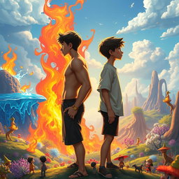 Two teenage boys standing back-to-back, gazing into the distance in a mystical, colorful, and animated fantasy world